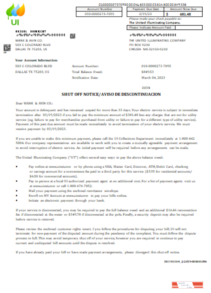 Massachusetts Chelsea SCG The United Illuminating Company shut off notice business bill, SCR PSD template